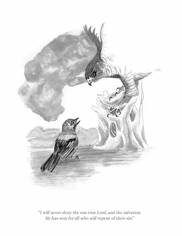 Small bird facing a threatening bird of prey in The Song of the Overcomer.